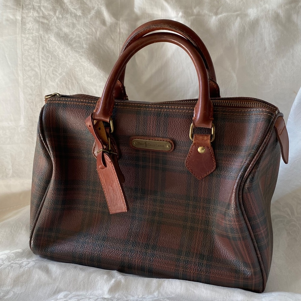 VTG Polo Ralph Lauren Brown Tartan Plaid Boston Handbag Satchel Coated Canvas